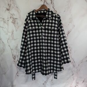 TALBOTS Shirt Jacket Womens 2X Wool Black White Plaid Button Up Sash Buffalo